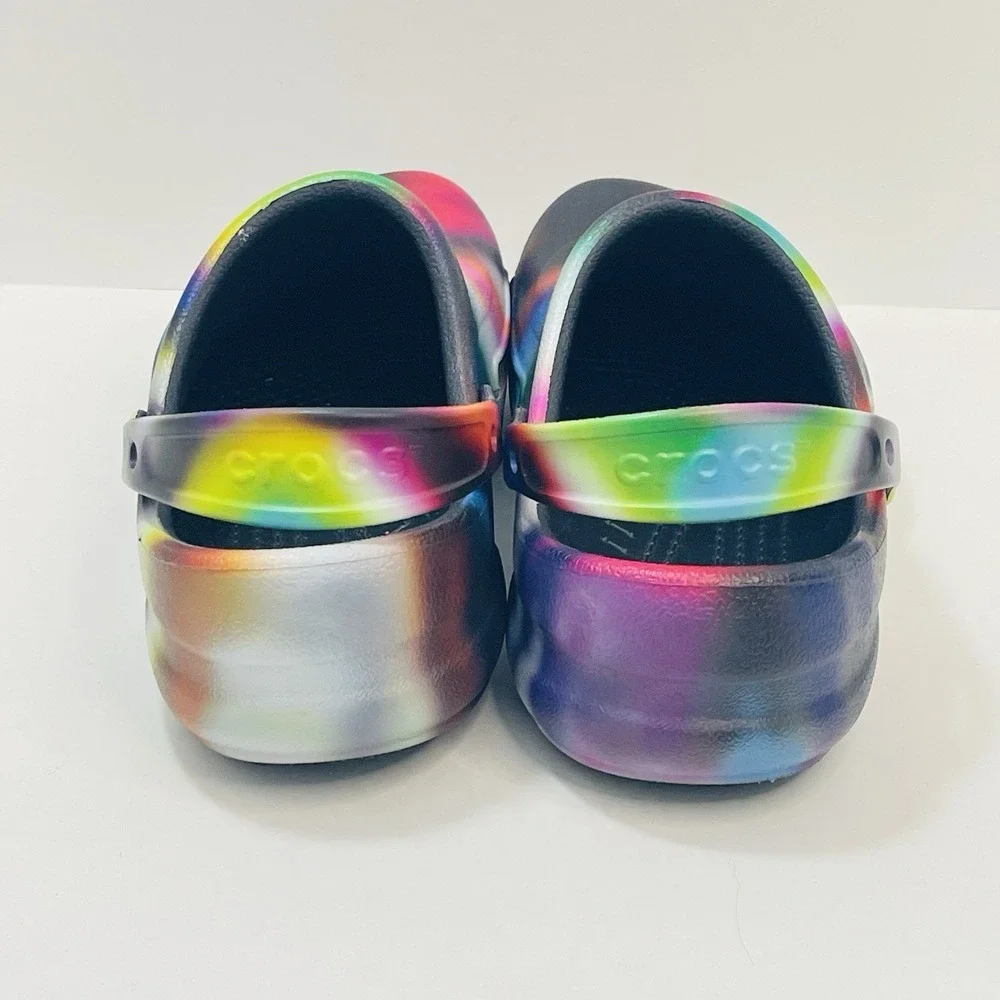 Crocs‎ Clogs Men 12 Tie Dye Bistro Multi Color Graphic Slip Resistant Work EUC